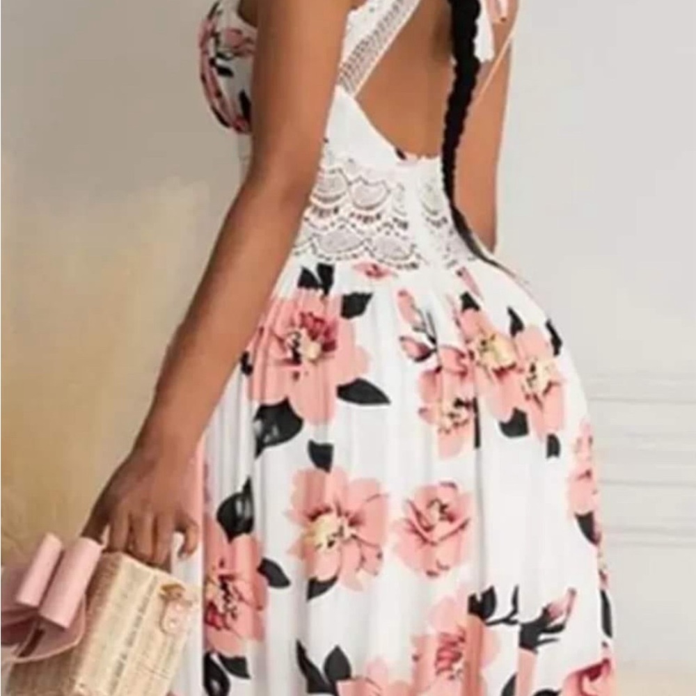 Halter floral print cross cross backless maxi dress